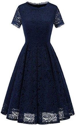 DRESSTELLS Damska koronkowa suknia ślubna Midi Elegancka sukienka Rockabilly z krótkim rękawem Suknie wieczorowe koktajlowe Navy M