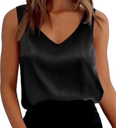 Lishang Tank Top damski na lato, jedwabny satynowy, dekolt w serek, bez rękawów, elegancka bluzka Cami, czarny, M