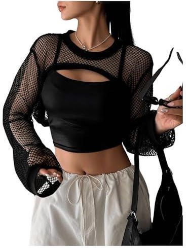 GORGLITTER Damen Mesh Oberteil Bunt Durchsichtig Batik Netzshirt Langarm Party Tops Herbst Outfits Langarmtop Dunkelblau S