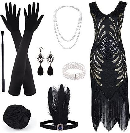 ELECLAND Sukienka z frędzlami, cekinami i dekoltem w serek, w stylu lat 20. XX wieku, z akcesoriami, czarna, L
