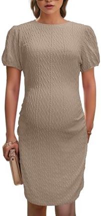 hohololo Sukienka ciążowa damska sukienka z dzianiny, podkreślająca figurę, bufiasta sukienka ciążowa, beżowy-A, XL