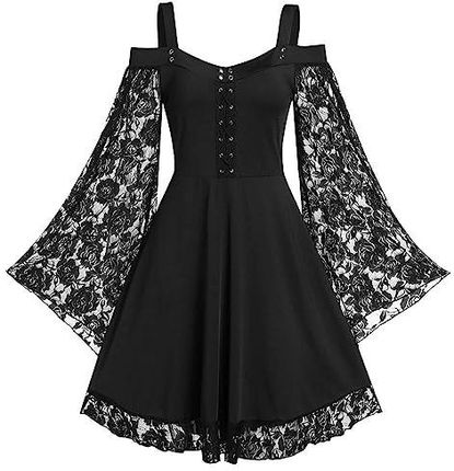 Czarna sukienka cukrowa z rozpinanym ramiączkiem damska koronka bufiastym rękawem punk gotycki emo nagi gotycki wieczór gotycki czarny L XL XXL 3XL, c