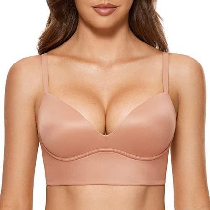 DOBREVA Damski biustonosz usztywniany Push Up Wireless Plunge T Shirt Bras Seamless Comfort Kawa śmietankowa 75B