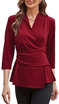 GRACE KARIN Elegancka bluzka damska z rękawami 3/4, bluzka owijana, górna część V, krój slim fit, bluzka koszulowa, do pracy, biznesu, tunika, czerwon