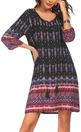 Beyove Damska tunika w stylu boho, sukienka plażowa, tunika, styl vintage, tunika plażowa, rękaw 3/4, okrągły dekolt, sukienka z kwiatowym wzorem, kró
