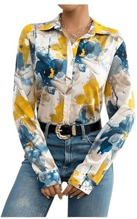 GORGLITTER Elegancka bluzka damska zapinana na guziki górna część OL biznesowa bluzka koszula bluzka Flower Open Front koszula tunika z guzikami, nieb