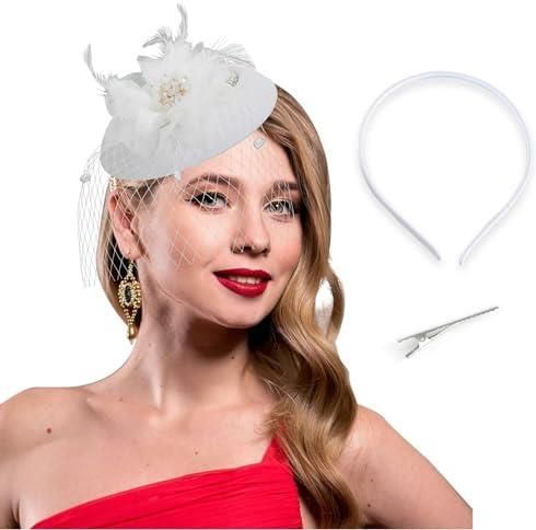 Bohend Fiore strass turbante Cap Berretto con perle vintage Bonnet pieghettato pre-legato Donne Spilla Piuma Copricapo Cappello (Argento 1