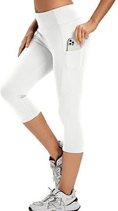 adorence Legginsy damskie 3/4, Legginsy capri dla kobiet z kieszenią, Spodnie sportowe damskie 3/4 (Spodnie do jogi, z wysokim stanem, nieprzezroczyst