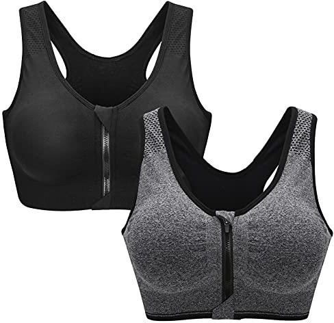 3 Piece Women Sports Bra Front Fastening High Impact Zip Front Plus Size Post Surgery Bras Crop Top With Adjustable Straps Wirefree Workout Gym