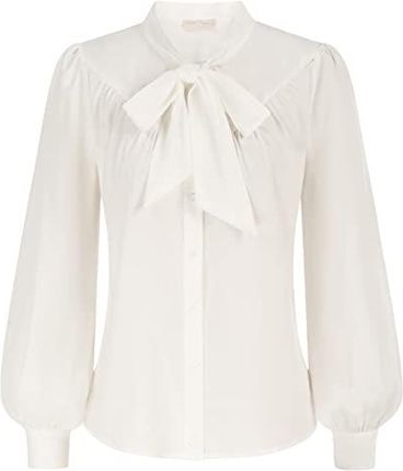 Belle Poque Damska wiktoriańska bluzka vintage ze stójką latarnia rękaw koszula z muszką, kość słoniowa, XL
