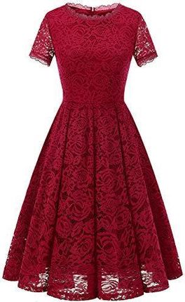 DRESSTELLS Damska koronkowa suknia ślubna Midi Elegancka sukienka Rockabilly z krótkim rękawem Suknie wieczorowe koktajlowe DarkRed 2XL