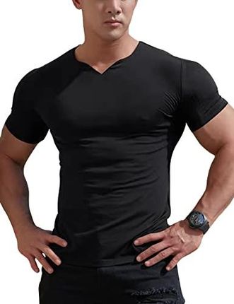 Męska koszulka z siateczki Athletic z dzielonym dekoltem w serek, do treningu fitness, kulturystyki, czarny, L
