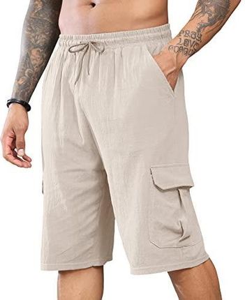 Męskie lniane szorty Casual Cargo Shorts Elastyczny pas Sznurek Letnie Spodenki Plażowe M-3XL, BEŻOWY, 3XL