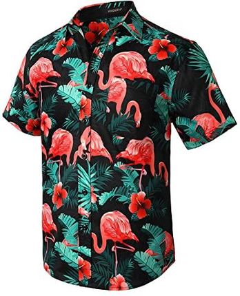 HISDERN Mężczyźni Funky hawajskie koszule flamingo z krótkim rękawem przednia kieszeń wakacje lato Aloha Beach Casual Mint czarna różowa koszula hawaj