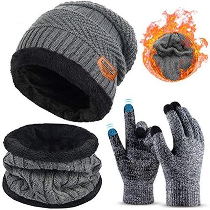 3 sztuki zimowa czapka beanie szalik zestaw i rękawiczki do ekranu dotykowego ciepłe grube dzianinowe polarowe wyściełane czaszka czapka prezenty dla