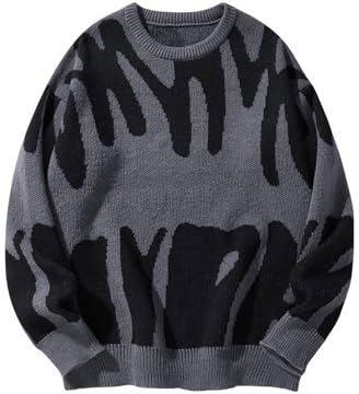 GORGLITTER Męski sweter z dzianiny, okrągły dekolt, sweter z długim rękawem, sweter zimowy, męski ze wzorem graficznym, szary, L