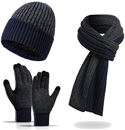 Jarseila Męska zimowa ciepła dzianinowa czapka beanie rękawiczki do ekranu dotykowego długi szalik zestaw z podszewką polarową czapki czaszki szaliki
