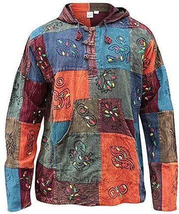 SHOPOHOLIC FASHION Koszula hipisowska z kapturem Stonewash Patchwork Blocked Grandad, Wielokolorowy, 4XL