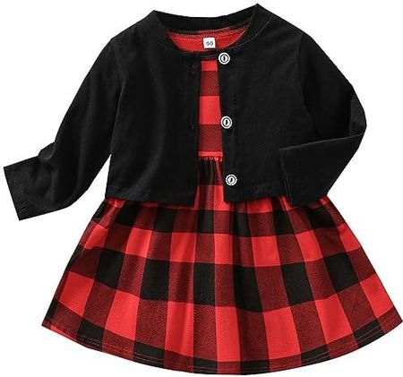 FANCYINN Czerwona i czarna szkocka sukienka z długim rękawem dla dziewczynki i sweter czarny zestaw 2 sztuki 100 12-24 miesięcy