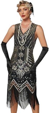 Viloree Sukienka z cekinami w stylu chłopczycy z lat 20. XX wieku, fantazyjna, Gatsby, dekolt w serek, styl vintage, z koralikami, wieczorowa, Czarny+