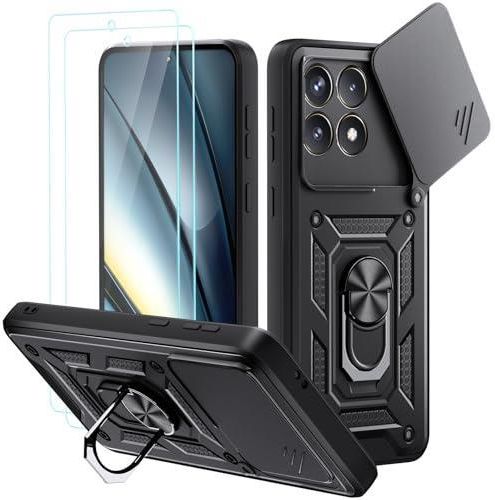Dechyi Cover per Xiaomi PoCo X7 Pro 5G/Turbo 4 5G e 2 Vetro Temperato Custodia con Scorrevole Protezione Fotocamera con Rotante Anello Supporto Antiurto robusto durevole-Nero