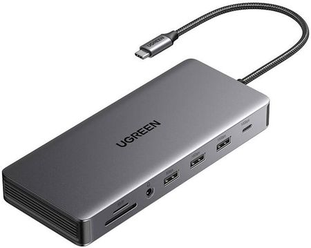 Ugreen Stacja/replikator Hub USB-C CM681, 4x USB, 2x HDMI, DisplayPort, RJ45, SD/TF, AUX, PD 100W (szary) (15978)