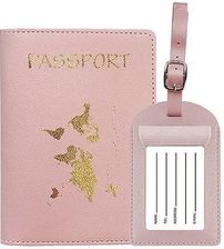 Zestaw etykiet na paszport, 1 zawieszka bagażowa + 1 okładka na paszport, wzór mapy świata, etui na paszport, portfel podróżny i zawieszka do walizki