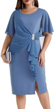 Hanna Nikole Damska sukienka ołówkowa plus size, szyfonowa, z falbankami, z krótkim rękawem, sukienka koktajlowa z rozcięciem, Szary-niebieski, 52-Plu