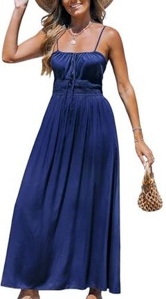 CUPSHE Damska sukienka maxi bez rękawów wiązane ramiączka spaghetti długie na co dzień letnie sukienki plażowe, granatowy, XL