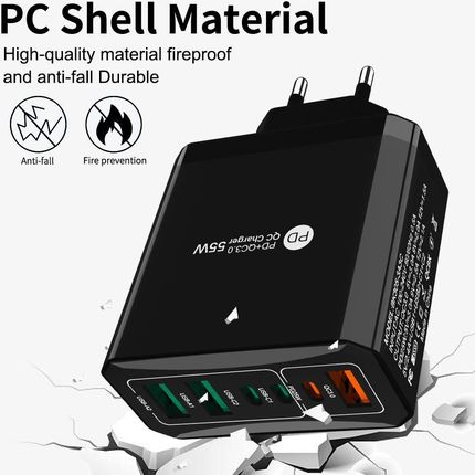 MOCNA SZYBKA UNIWERSALNA ŁADOWARKA SIECIOWA 55W PD+QC 3.0 USB X 3, USB-C x3 BIAŁA - zdjęcie 2