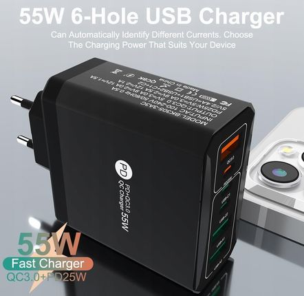 MOCNA SZYBKA UNIWERSALNA ŁADOWARKA SIECIOWA 55W PD+QC 3.0 USB X 3, USB-C x3 BIAŁA - zdjęcie 3
