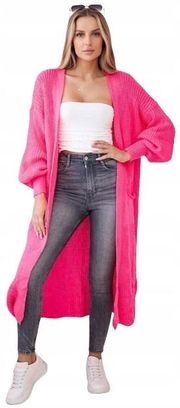 Sweter długi kardigan różowy neon