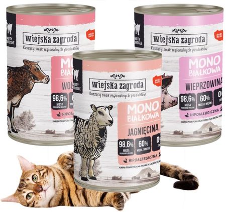 Wiejska Zagroda Monobiałkowa Karma Mokra Dla Kota Mix 3 Smaków Bez Drobiu 98,6% Mięsa 24X400G - zdjęcie 4