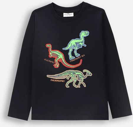 T-shirt z długim rękawem granatowy z nadrukiem dinozaurów na przodzie