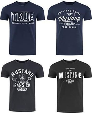 Mustang, t-shirt męski, z nadrukiem z przodu i okrągłym dekoltem, miks kolorów: niebieski i czarny