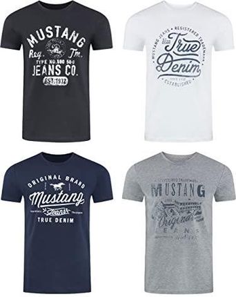 MUSTANG Męski t-shirt z nadrukiem z przodu, okrągły dekolt, krótki rękaw, regularny, 100% bawełna, czarny, biały, szary, niebieski, zielony, 4 szt., M