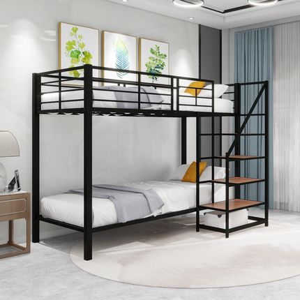 Flieks Łóżko Piętrowe 90X200Cm Z Zabezpieczeniem Przed Wypadnięciem Na Poddaszu Metalowe Ze Schodami Dziecięce Młodzieżowe Stelażem