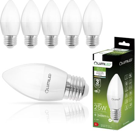 LUMILED B35 E27 żarówka LED 2,5W (zastępuje 25W), 249 lumenów, żarówka z mlecznego szkła w kształcie świecy 4000K neutralna biel żarówki kąt wiązki 18