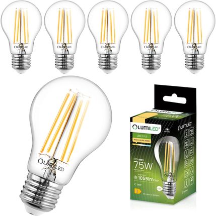 Żarówki LED LUMILED A60 E27 6 sztuk, 8W (zastępuje 75W), 1055 lm Klasyczny przezroczysty żarnik, przezroczysta żarówka, podstawa E27 3000K ciepła biał