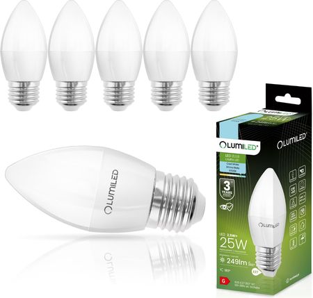 LUMILED B35 E27 żarówka LED 2,5W (zastępuje 25W), 249 lumenów, żarówka z mlecznego szkła w kształcie świecy 6500K chłodna biel żarówki kąt wiązki 180°