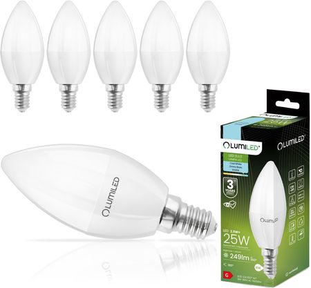 LUMILED B35 E14 żarówka LED 2,5W (zastępuje 25W), 249 lumenów, żarówka z mlecznego szkła w kształcie świecy 6500K chłodna biel żarówki żarówki 180° ką