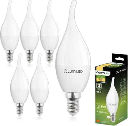 LUMILED BA35 E14 żarówka LED 8W (zastępuje 60W), 806 lumenów, żarówka z mlecznego szkła w kształcie świecy podmuch wiatru 3000K ciepła biel żarówki ką