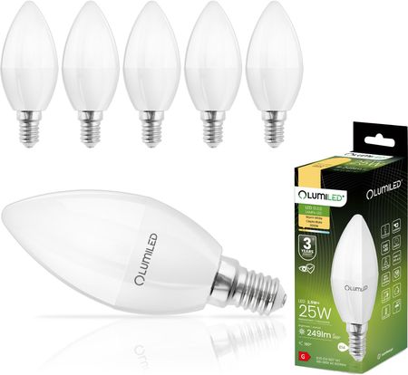 LUMILED B35 E14 żarówka LED 2,5W (zastępuje 25W), 249 lumenów, żarówka z mlecznego szkła w kształcie świecy 3000K ciepła biel żarówki kąt wiązki 180°