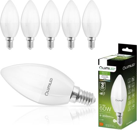 LUMILED B35 E14 żarówka LED 8W (zastępuje 60W), 806 lumenów, żarówka z mlecznego szkła w kształcie świecy 4000K neutralna biel żarówki kąt wiązki 180°