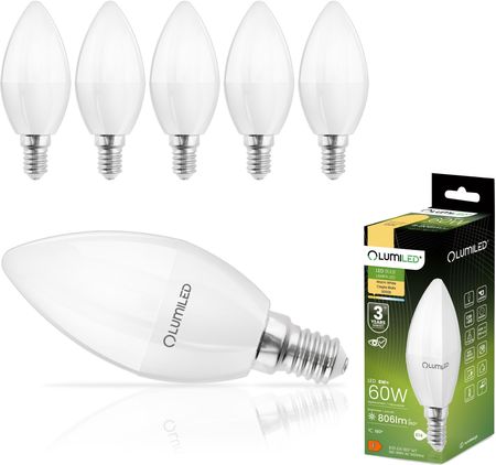 LUMILED B35 E14 żarówka LED 8W (zastępuje 60W), 806 lumenów, żarówka z mlecznego szkła w kształcie świecy 3000K ciepła biel żarówki żarówki 180° kąt w