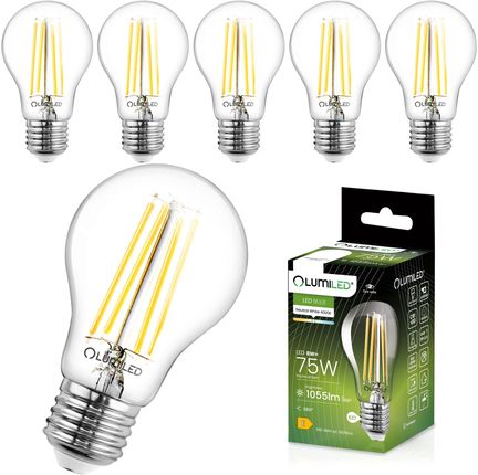 Żarówki LED LUMILED A60 E27 6 sztuk, 8W (zastępuje 75W), 1055 lm Klasyczny przezroczysty żarnik, przezroczysta żarówka, podstawa E27 4000K neutralna b