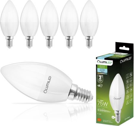 LUMILED B35 E14 żarówka LED 10W (zastępuje 75W), 1055 lumenów, żarówka z mlecznego szkła w kształcie świecy 6500K chłodna biel żarówki kąt wiązki 180°
