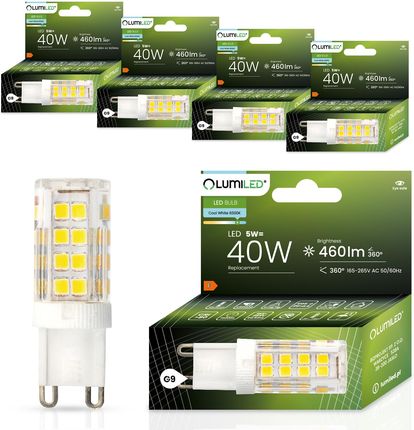 LUMILED Żarówki LED G9 zestaw 5 diod LED 5W = 40W 6500K chłodna biel 460lm kąt świecenia 360° 230V brak migotania SMD małe żarówki LED
