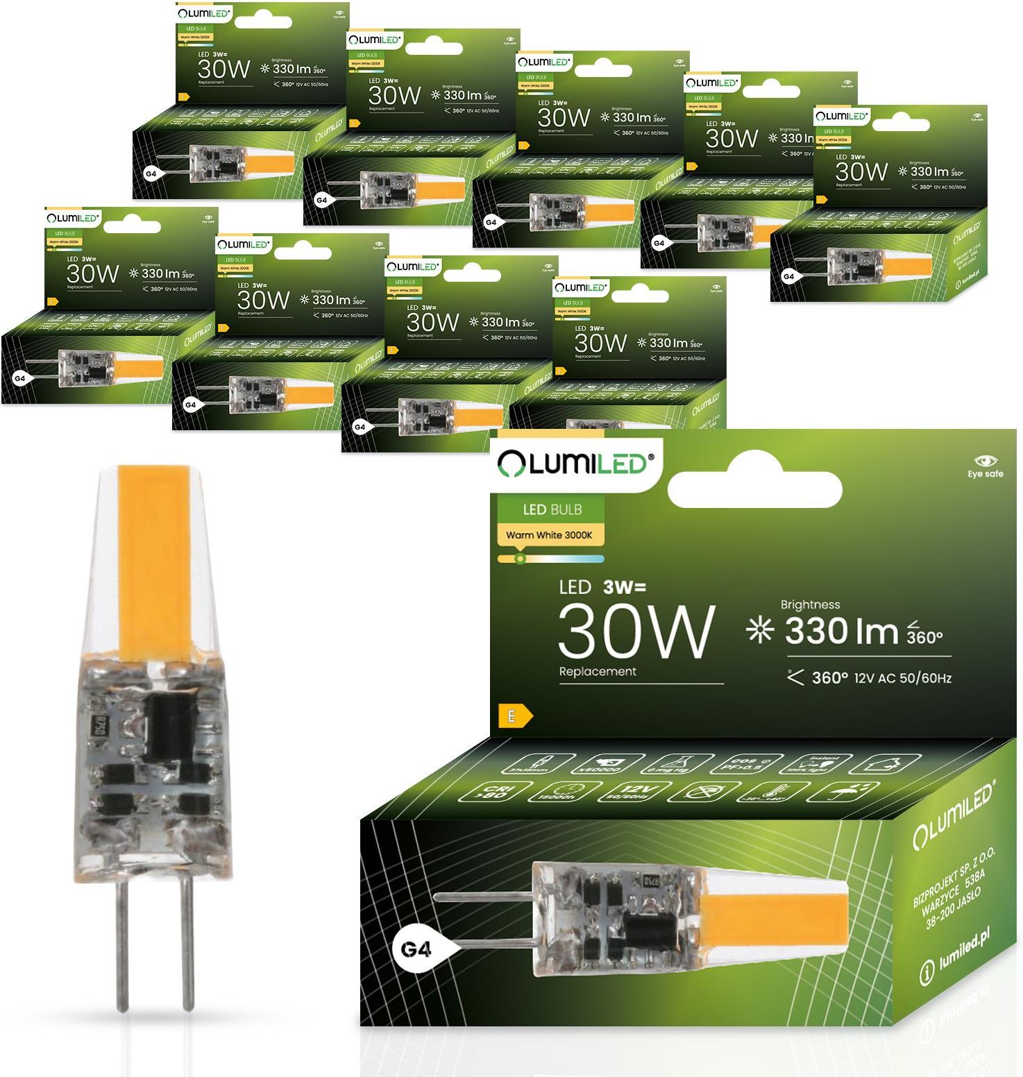 LUMILED Żarówki LED G4 Zestaw 10 żarówek 3W = 30W 3000K Ciepła biel ...
