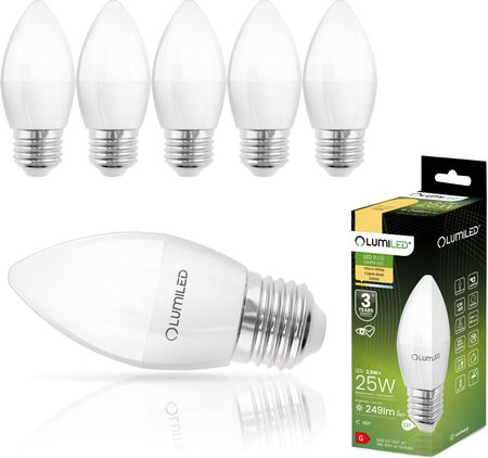 LUMILED B35 E27 żarówka LED 2,5W (zastępuje 25W), 249 lumenów, żarówka z mlecznego szkła w kształcie świecy 3000K ciepła biel żarówki kąt wiązki 180°